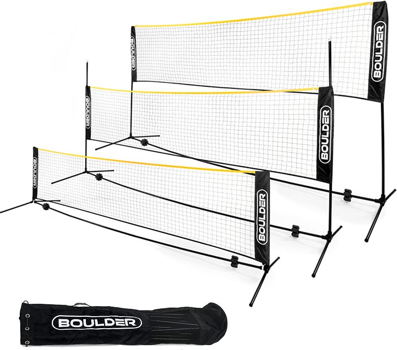 Photo 1 of *DAMAGED*Boulder Badminton Pickleball Net - Height Adjustable Portable Net for Junior Tennis, Kids Volleyball & Soccer, and Backyard Games - Easy Setup Nylon Sports Net with Poles 10 ft/14ft/17ft Wide
