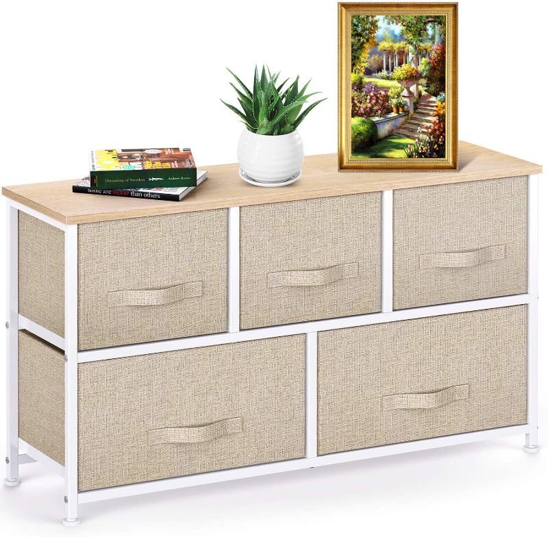 Photo 1 of Fabric Dresser with 5 Drawers, Wide Dresser Storage Tower, Organizer Unit with Wood Top and Easy Pull Handle for Closets, Living Room, Nursery Room, Hallway...
