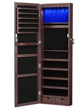 Photo 1 of *READ BELOW* SONGMICS 6 LEDs Mirror Jewelry Cabinet Lockable 47.2" H Wall/Door Mounted Jewelry Armoire Organizer, 2 Drawers, Dark Brown UJJC93K
