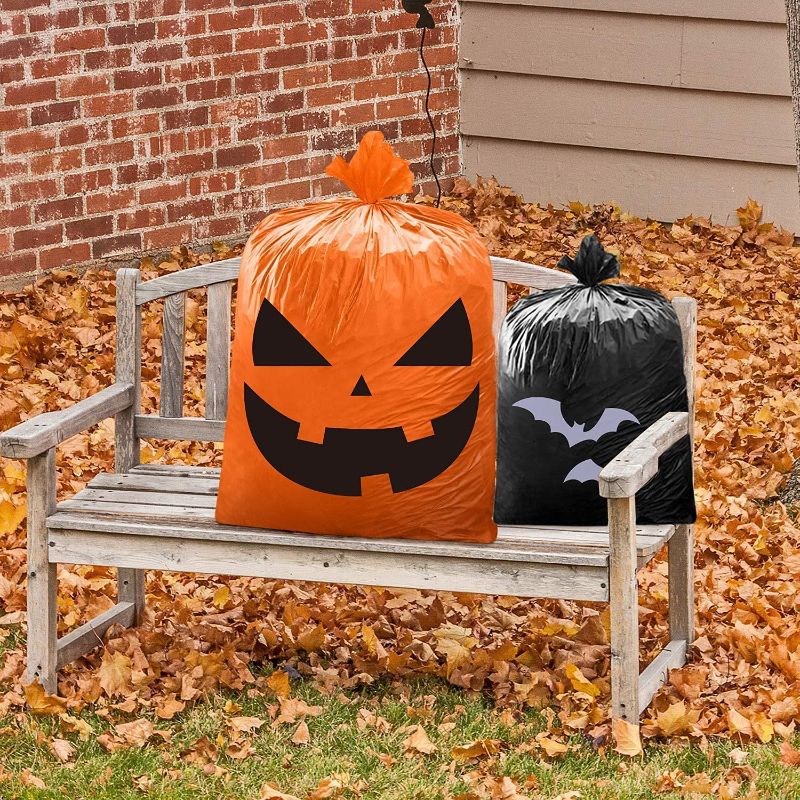 Photo 1 of Halloween Leaf Bags - 8 PCS Halloween Decorations Lawn Bags Large and Small (36''48'' & 24''30''), Pumpkin Leaf Bags Big with 8 Funny Designs and 10 Ties (Pumpkin+Ghost+Bat+Witch), Halloween Party Favors Thanksgiving Fall Trash Bags for Yard Lawn Garden O