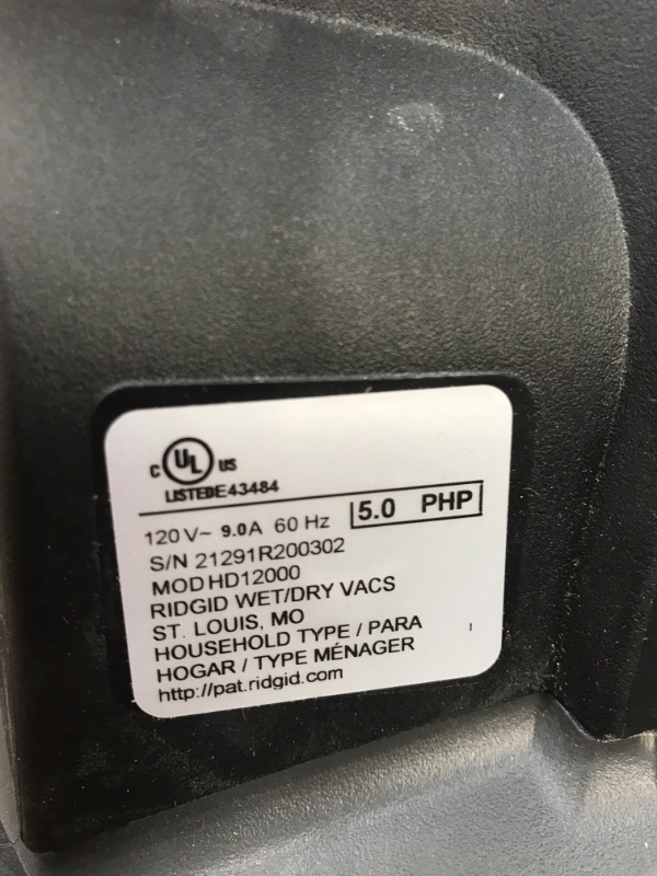 Photo 1 of RIDGID 12 Gal. 5.0-Peak HP NXT Wet/Dry Shop Vacuum with Filter, Hose and Accessories, Oranges/Peaches
**USED, FUNCTIONS**
