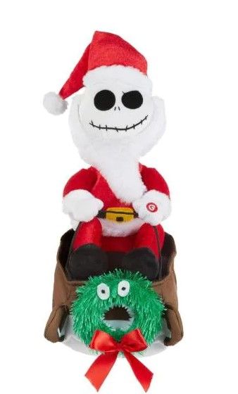 Photo 1 of 14 in. Disney Christmas Animated Bump and Go Plush Jack Skellington in Sleigh Standing Decor
