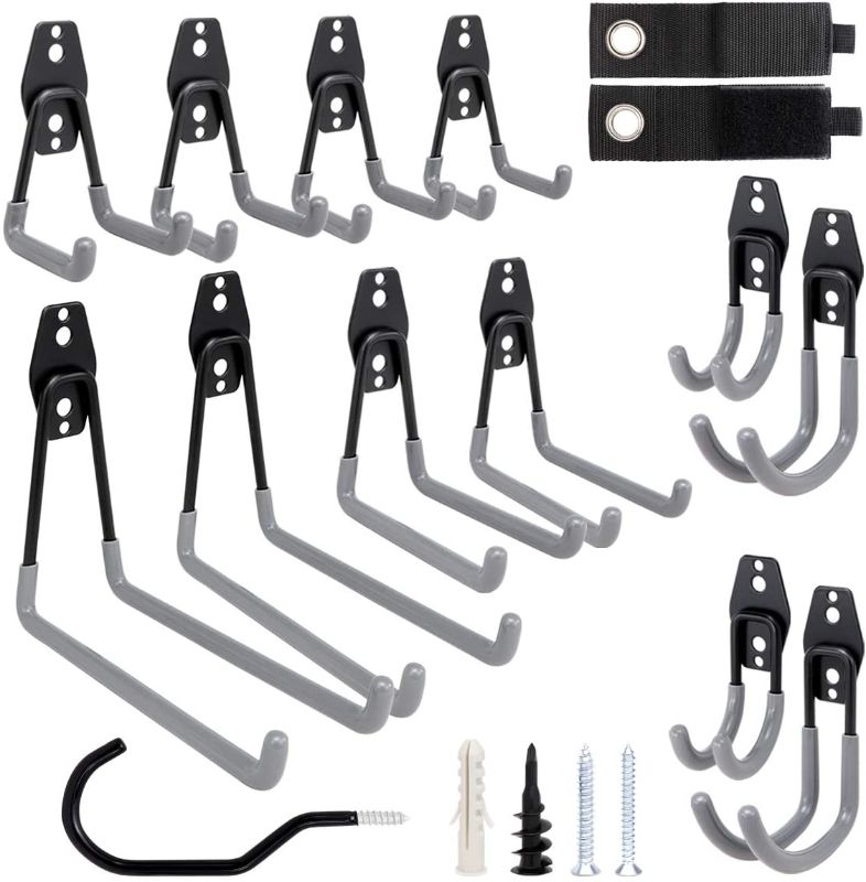 Photo 1 of 14 Pack Garage Storage Hooks Heavy Duty, Utility Double Hanging Hooks with 2 Extension Cord Holder Straps, Wall Mount Garage Hooks for Ladder, Bike, Power Tool, Hoses Organizing
