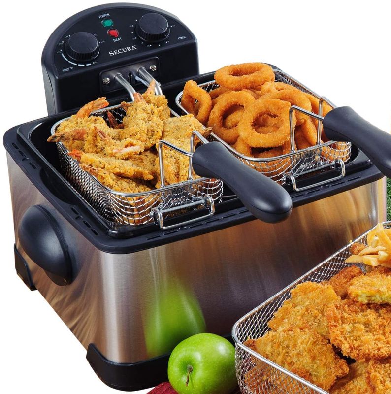 Photo 1 of MINOR DAMAGE**Secura 1700-Watt Stainless-Steel Triple Basket Electric Deep Fryer with Timer Free Extra Odor Filter, 4L/17-Cup
