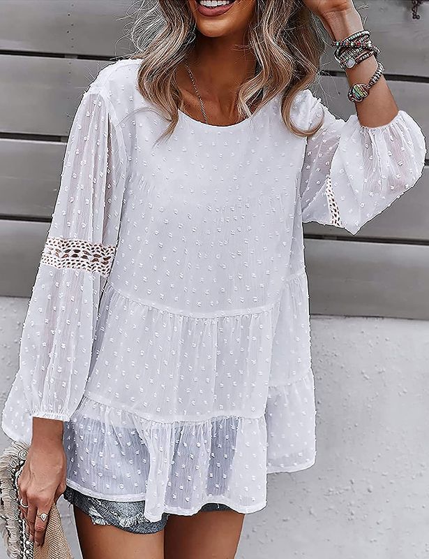 Photo 1 of (stock image for reference only different color )
Eomenie Women's Loose Chiffon Blouse Long Sleeve Shirt Crew Neck Tops Swiss Dot Ruffle Hem Flowy Hollow Embroidery size large 