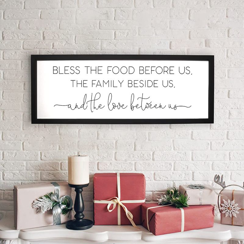 Photo 1 of 32x12 Bless the Food Before us Sign Dining Room Wall Sign With Inspirational Quote for Home decor Farmhouse Wall Art Sign for Living Room Dining Room Kitchen (Black)