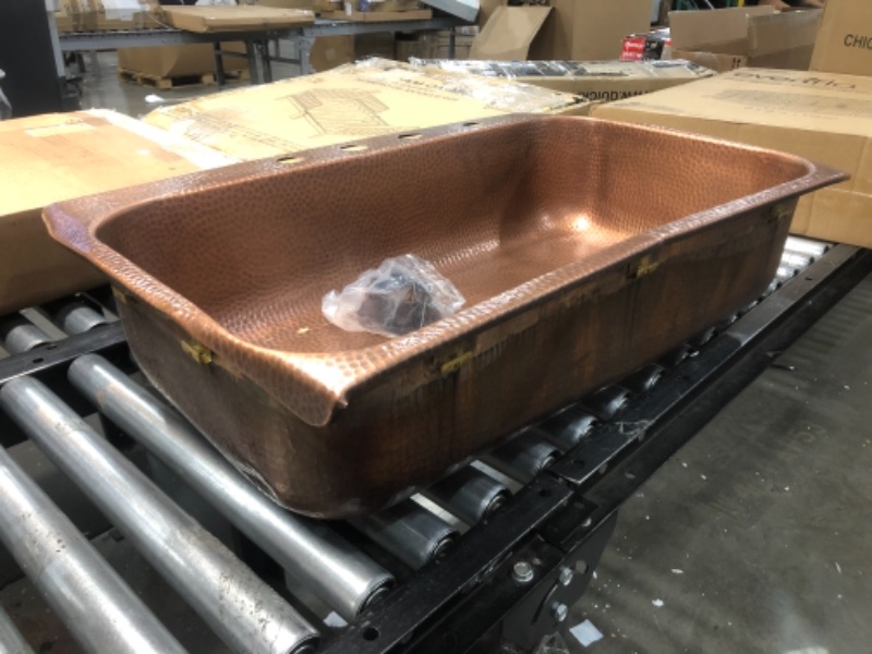 Photo 2 of (MULTIPLE LARGE/SMALL DENTS/BENDS TO CORNERS/SIDES)
Sinkology SK101-33AC4-AMZ-D Angelico 4-Hole Copper Drop-In Kitchen Sink Kit With Disposal Flange Copper Kitchen Sink, 33 X 22 X 8, Antique Copper
