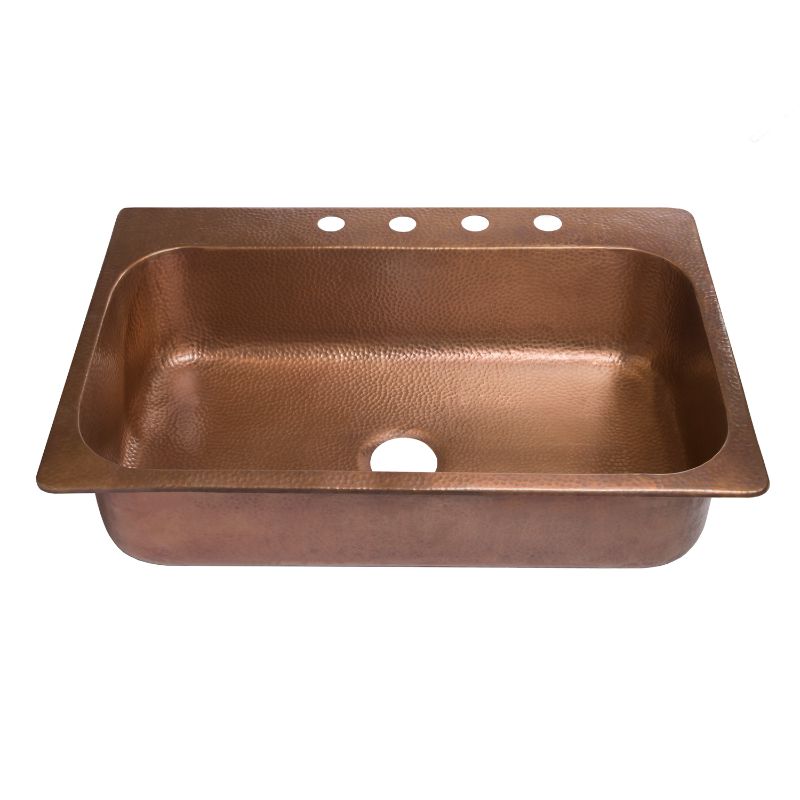 Photo 1 of (MULTIPLE LARGE/SMALL DENTS/BENDS TO CORNERS/SIDES)
Sinkology SK101-33AC4-AMZ-D Angelico 4-Hole Copper Drop-In Kitchen Sink Kit With Disposal Flange Copper Kitchen Sink, 33 X 22 X 8, Antique Copper
