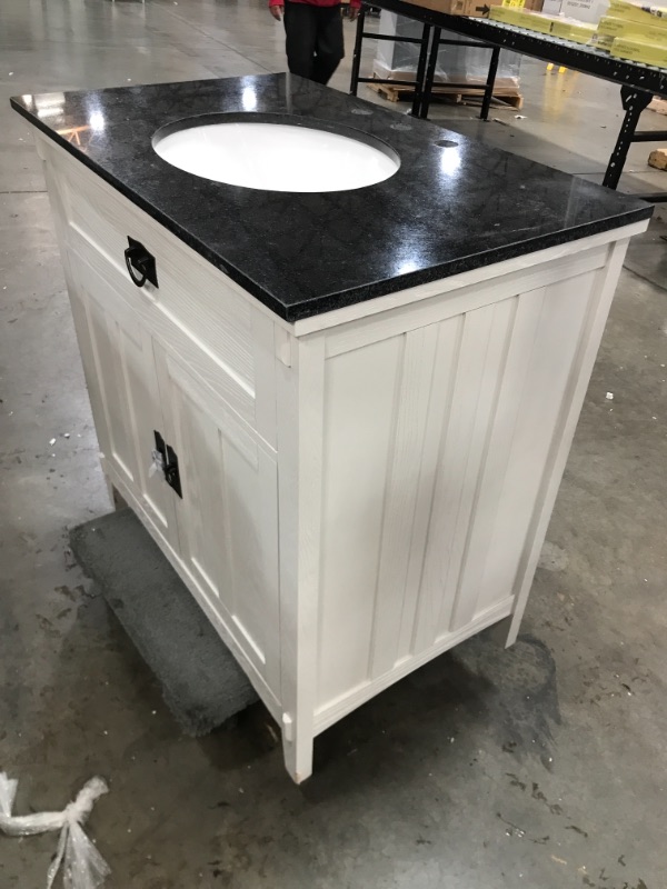 Photo 2 of (CRACKED LEG; DAMAGED LEGS; DAMAGED COUNTER CORNER)
Home Decorators Collection Artisan 33 in. W Vanity in White with Marble Vanity Top in Natural Black with White Sink