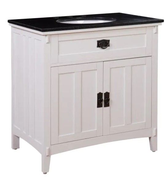 Photo 1 of (CRACKED LEG; DAMAGED LEGS; DAMAGED COUNTER CORNER)
Home Decorators Collection Artisan 33 in. W Vanity in White with Marble Vanity Top in Natural Black with White Sink