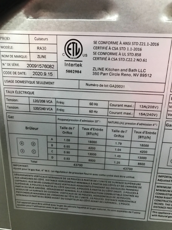 Photo 3 of (missing legs)
ZLINE 30 in. 4.0 cu. ft. Dual Fuel Range with Gas Stove and Electric Oven in Stainless Steel (RA30)
