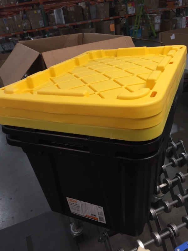 Photo 2 of 27 Gal. Tough Storage Tote in Black with Yellow Lid ($14 x 3)