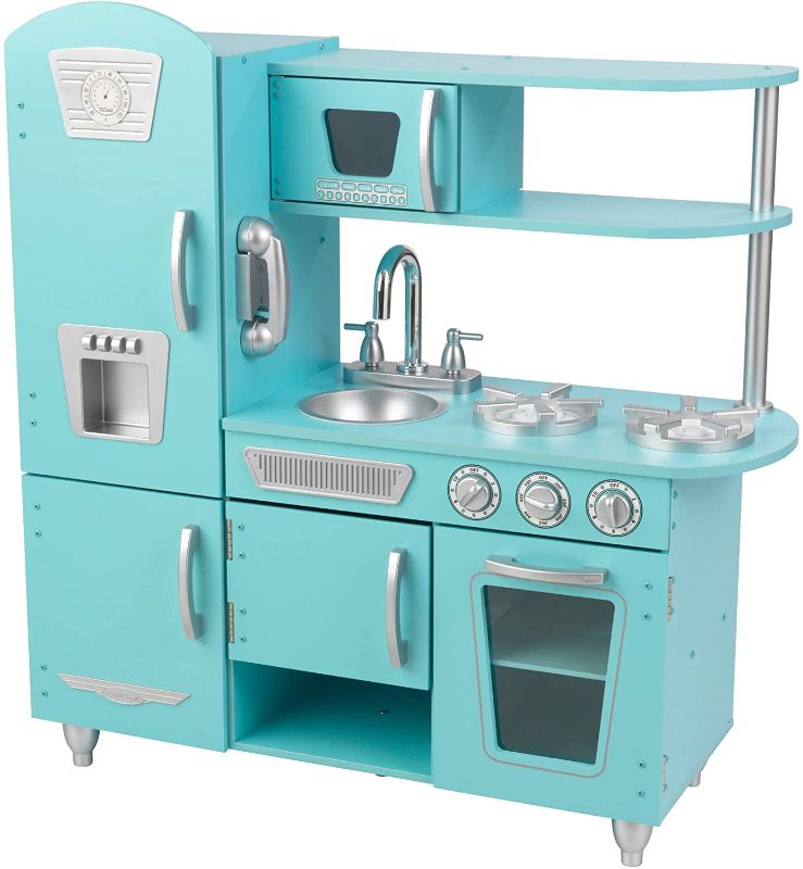 Photo 1 of KidKraft Vintage Wooden Play Kitchen with Pretend Ice Maker and Play Phone, Blue, Gift for Ages 3+, Amazon Exclusive