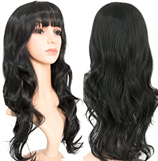 Photo 1 of Black Wig with Bangs Long wavy wig for Women Synthetic lace front wig 