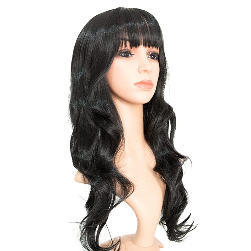 Photo 1 of Black Wig with Bangs Long wavy wig for Women Synthetic lace front wig Heat Resistant Wigs for Daily Party Cospla