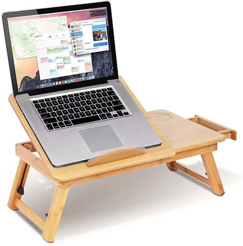 Photo 1 of Folding Bamboo Laptop Desk, Laptop Stand Computer Tray with Adjustable Leg & Ventilation Holes Tilting Top Reading Table with Anti-Slip Baffle Bed Sofa Serving Table with Side Drawer
