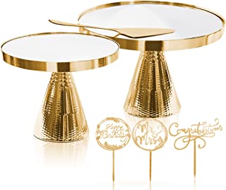 Photo 1 of *READ BELOW** AURA Concepts Gold Cake Stand Set, 2-Piece Round Metal Cake Stand with Bonus Cake Knife and 3 Cake Toppers, Mirror Top Plate Display for Dessert Table at a Wedding, Birthday, or Any Special Party
