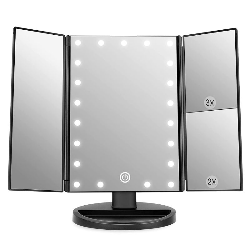 Photo 1 of Lighted Makeup Mirror with 21 LED Lights, Trifold Vanity Mirror with 3X/2X/1X Magnification, Touch Screen, Dual Power Supply, 180 Degree Rotation Portable Mirrors for Travel (Black)
