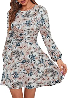 Photo 1 of MakeMeChic Women's Boho Floral Long Sleeve Round Neck High waist Ruched A line Mini Swing Dress, SMALL
