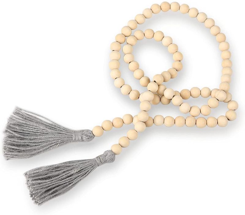 Photo 1 of 58 inch Wood Bead Garland with Tassels,Farmhouse Beads Antique Rustic Decorative Prayer Beads, Suitable for Farmhouse Hanging Decorations 4-PACK
