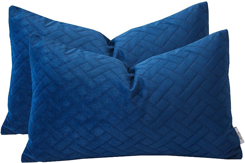 Photo 1 of GADONTAN Decorative Throw Pillow Cover Soft Luxury Velvet Modern Quilted Cushion Covers for Sofa Couch Living Room Bedroom (Navy Blue & Grey , 12"x20")
