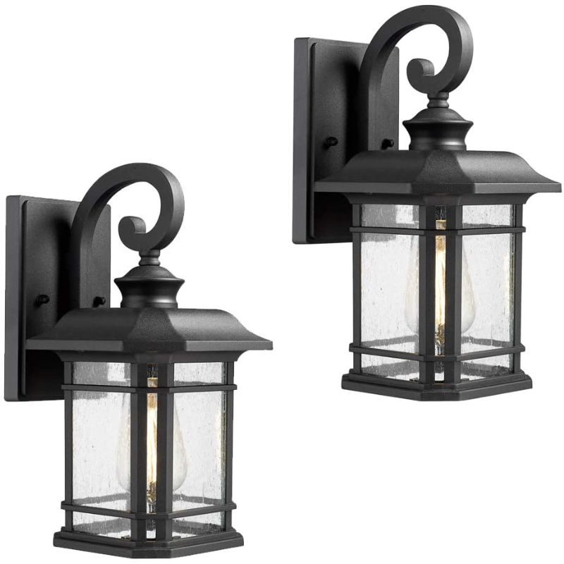 Photo 1 of Emliviar Outdoor Wall Lanterns 2 Pack, 1-Light Exterior Wall Mount Light, Black Finish with Clear Seedy Glass, 2084B-2 BK
