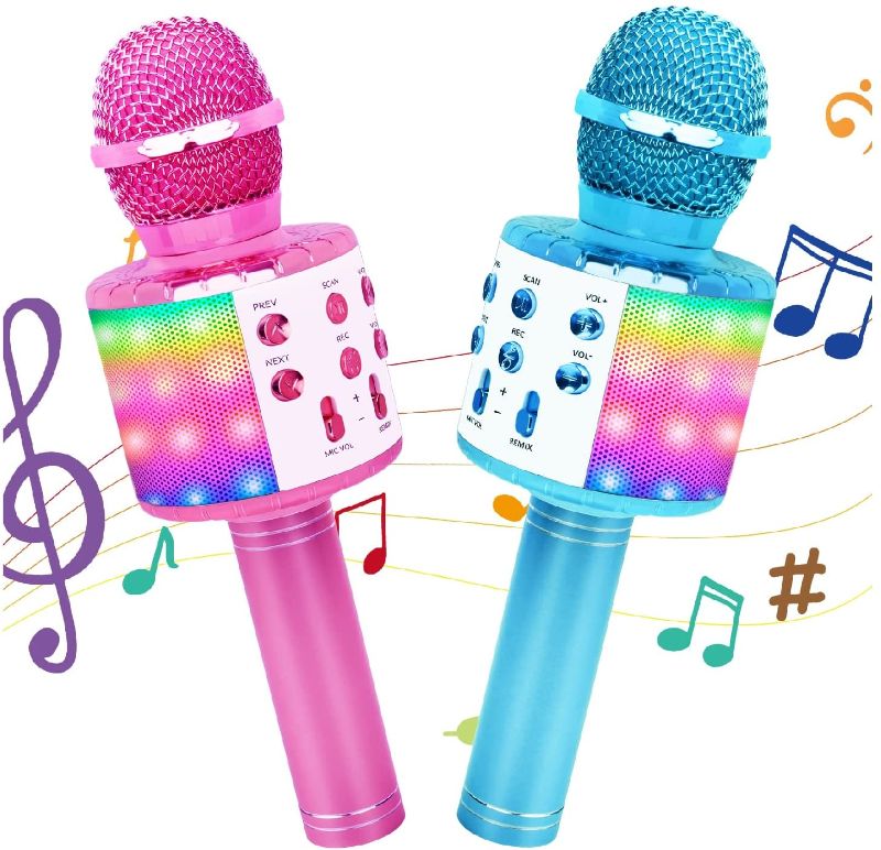 Photo 1 of Icnice Wireless Bluetooth Karaoke Microphone 2 Pack, 5-in-1 Portable Handheld Karaoke Mic Speaker with Flashing Light for Singing Compatible with TV/Phone/PC Karaoke Machine for Kids Adults Pink Blue
