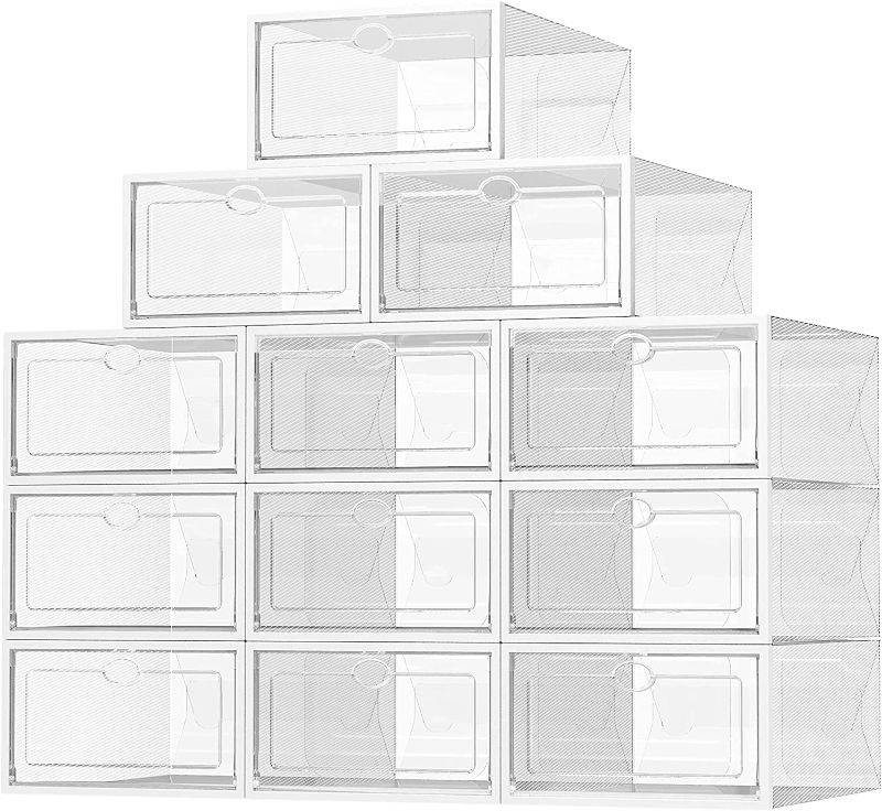 Photo 1 of 12 Pack Shoe Storage Box, Clear Foldable Plastic Stackable Shoe Organizer for Closet, X-Large Type Front Opening Space-Saving Shoe Sneaker Containers Bins Fit for US Size 9 Man /Size 10 Women
