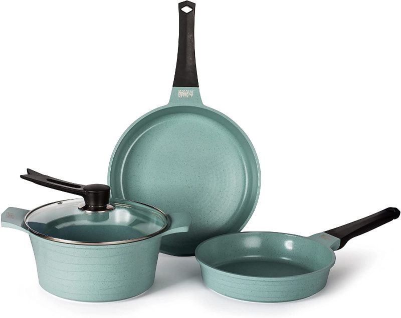 Photo 1 of Aller Greenstone Cookware Greenstone Cookware Set of 3 - Genuine Jade Oil - Free Nonstick Pots and Pans Set - 2 Frying Pans, 1 Casserole Dish & 1 Glass Lid for Induction, Gas & Electric Stoves
