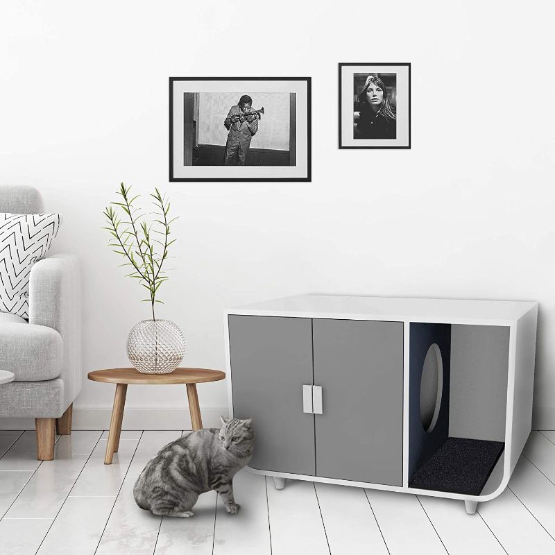 Photo 1 of  Cat Litter Box Enclosure and Furniture Hidden Cat Home Side Table Nightstand Indoor Pet Crate Mocha Walnut Large
