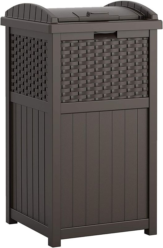 Photo 1 of Suncast 33 Gallon Hideaway Trash Can for Patio - Resin Outdoor Trash with Lid - Use in Backyard