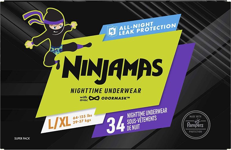 Photo 1 of Pampers Ninjamas, Bedwetting Overnight Diapers Disposable Underwear, Nighttime Training Pants Boys, FSA HSA Eligible, 34 Count, Size L/XL (64-125 lbs)
