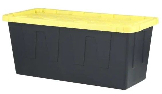 Photo 1 of 55 Gal. Tough Storage Tote in Black with Yellow Lid
AS IS USED, DAMAGED, MISSING LID, PLEASE SEE PHOTOS 