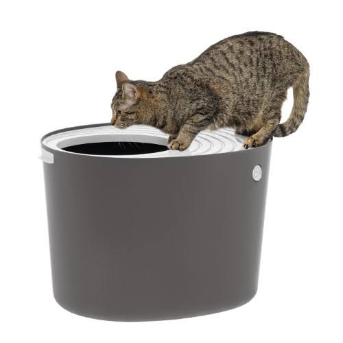 Photo 1 of Iris Top Entry Cat Litter Box with Cat Litter Scoop Dark Gray & White