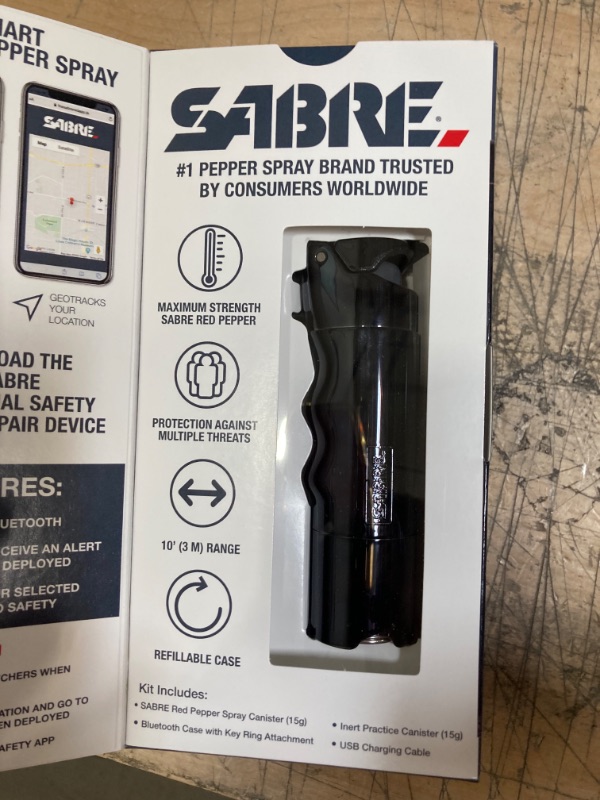 Photo 3 of SABRE SMART Pepper Spray, Free Text Alerts and Continuous Location Tracking in Emergencies, Optional Professional Monitoring, 25 Bursts, Practice Spray, Refillable, Rechargeable, Finger Grip, Key Ring
