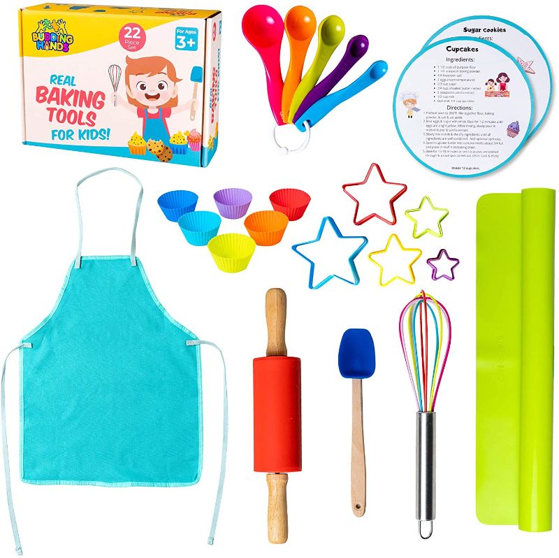 Photo 1 of Complete Kids Cooking and Baking Set - 22 Pcs real kids baking set. Includes apron, rolling pin, cookie cutters, mixing whisk, silicone cupcake mold, and mat. Ages 3+