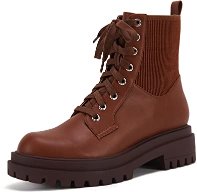 Photo 1 of Women's Lug Sole Lace Up Ankle Boots Round Toe Low Chunky Block Heel Winter Combat Booties SIZE 9 Color Brown