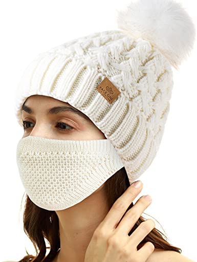 Photo 1 of PAGE ONE Womens Winter Ribbed Beanie Crossed Cap Chunky Cable Knit Pompom Soft Warm Hat with Face Cover- SET OF 3