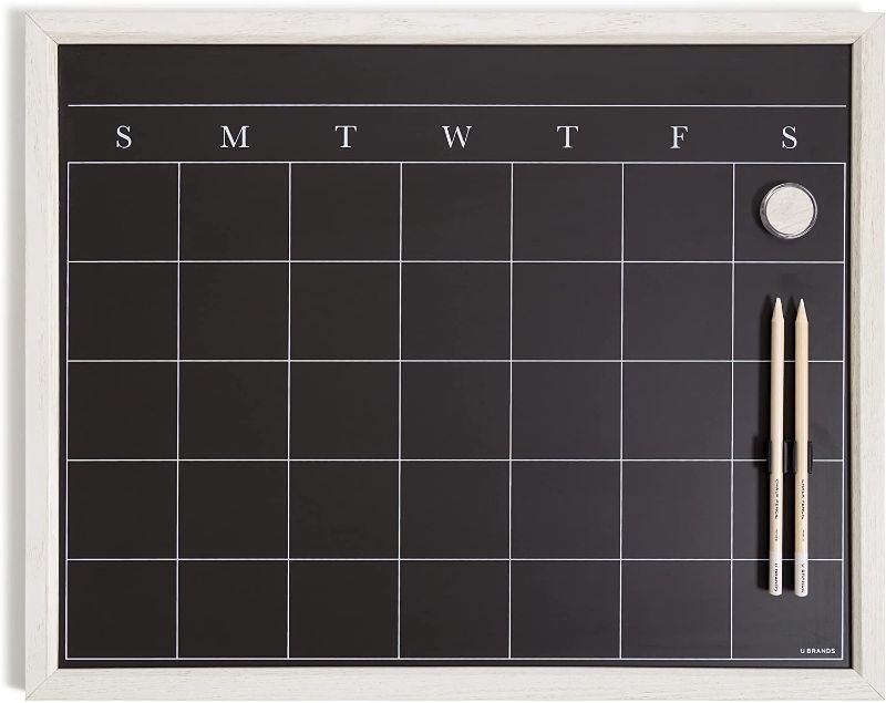 Photo 1 of U Brands Framed Magnetic Chalk Calendar Board, Office Supplies, Whitewashed, Wooden Frame, 16” x 20
