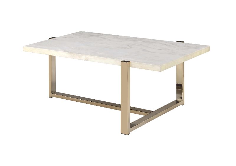 Photo 1 of ***HARDWARE LOOSE MAY BE INCOMPLETE***
Modern Metal Framed Coffee Table with Faux Marble Top, White and Gold
Dimensions: 48.00 in (L) x 29.00 in (W) x 7.00 in (H)