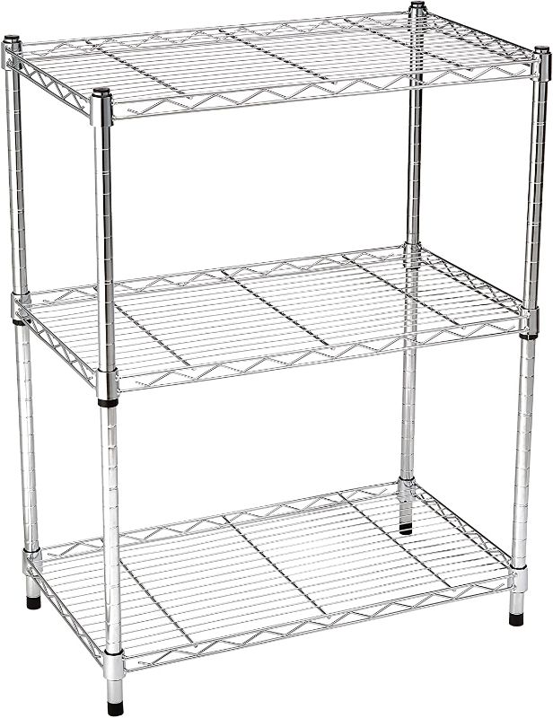 Photo 1 of Amazon Basics 3-Shelf Adjustable, Heavy Duty Storage Shelving Unit (250 lbs loading capacity per shelf), Steel Organizer Wire Rack, Chrome (23.3L x 13.4W x 30H)