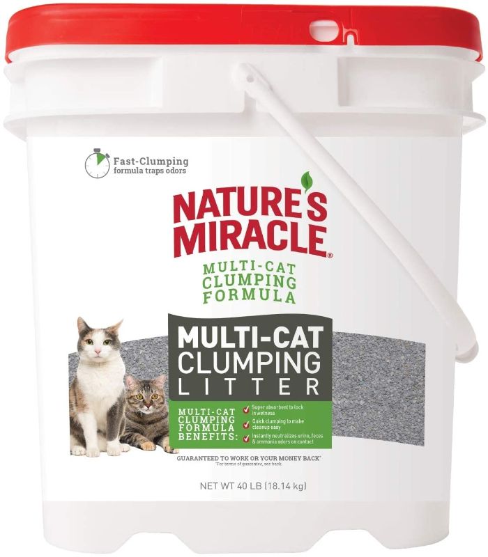 Photo 1 of **BUCKET LID IS OPEN SO LITTER IS SPILLED INTO BOX**
Nature's Miracle P-98140 Multi-Cat Clumping Clay Litter, 40 pounds, Pail, Fresh Linen Fragrance, Super Absorbent Fast-Clumping Formula
