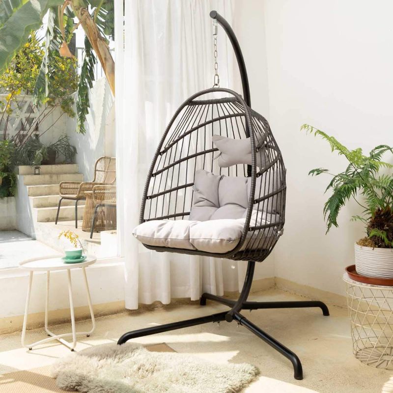 Photo 1 of **FRAME NOT INCLUDED** CUSHIONS ARE GREY CHAR IS BLACK 
NICESOUL Indoor Outdoor Patio Wicker Hanging Chair Swing Hammock Egg Chairs UV Resistant Cushions with Aluminum Frame 350lbs Capaticy for Patio Bedroom Balcony (Grey)
