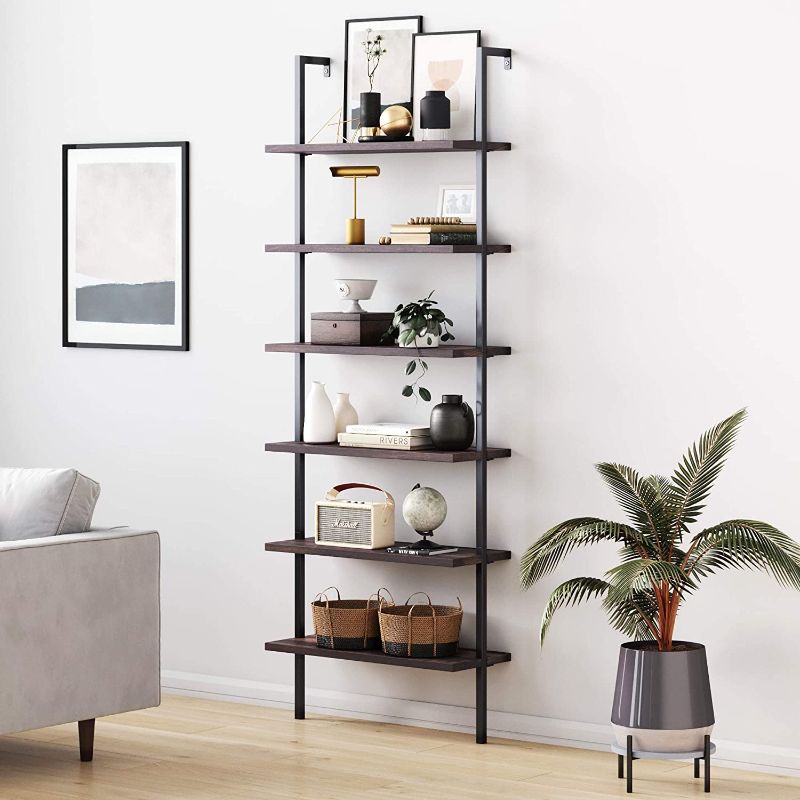 Photo 1 of **SOME PANELS ARE DAMAGED**
Nathan James Theo 6-Shelf Tall Bookcase, Wall Mount Bookshelf with Natural Wood Finish and Industrial Metal Frame, Nutmeg/Matte Black

