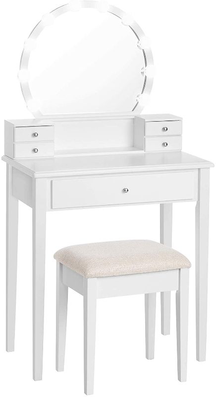 Photo 1 of **THERE IS DAMAGE TO SOME COMPONENTS**
VASAGLE Vanity Set Dressing Table with Mirror, 10 Light Bulbs, Stool 5 Drawers, 27.6 x 15.7 x 52.8 inches, White
