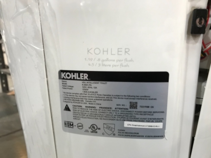 Photo 4 of **TOILET FRAME HAS DAMAGE TO THE BACK, REFER TO PHOTOS**POWER BUTTON DOES NOT POWER ON WHEN PLUGGED IN TO POWER OUTLET**
Kohler K-5401-PA-0 Veil Comfort Height Skirted One-Piece Elongated Dual-Flush Intelligent toilet, White
