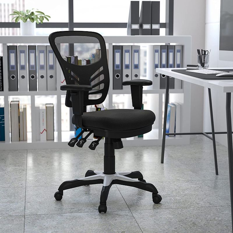 Photo 1 of **USED, BOX INCLUDES: CHAIR SEAT, BACK REST, HARDWARE, 2 ARM RESTS, 5 WHEELS, AND CHAIR BASE**
Flash Furniture Mid-Back Black Mesh Multifunction Executive Swivel Ergonomic Office Chair with Adjustable Arms
