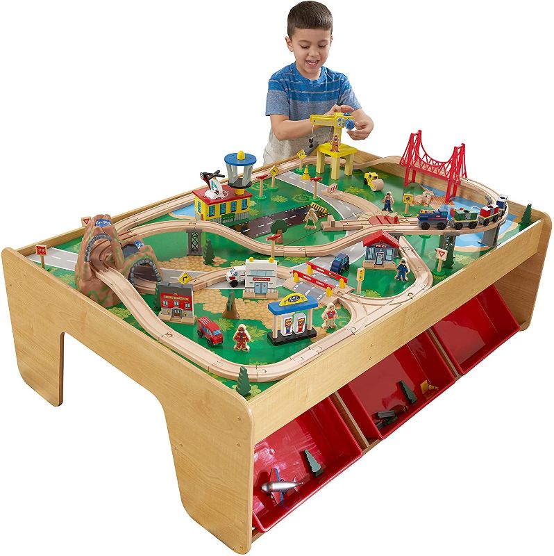 Photo 1 of **USED, INCOMPLETE**
KidKraft Waterfall Mountain Wooden Train Set & Table with 120 Pieces, 3 Storage Bins, Gift for Ages 3+

