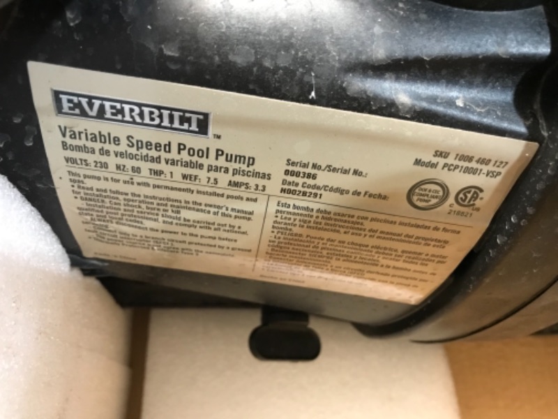 Photo 3 of **USED**
Everbilt 1 HP Variable Speed Pool Pump
