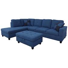 Photo 1 of **INCOMPLETE**3-Piece Blue Microfiber 4-Seater L-Shaped Right-Facing Chaise Sectional Sofa with Ottoman**BOX 1 AND 2 OF 3**
